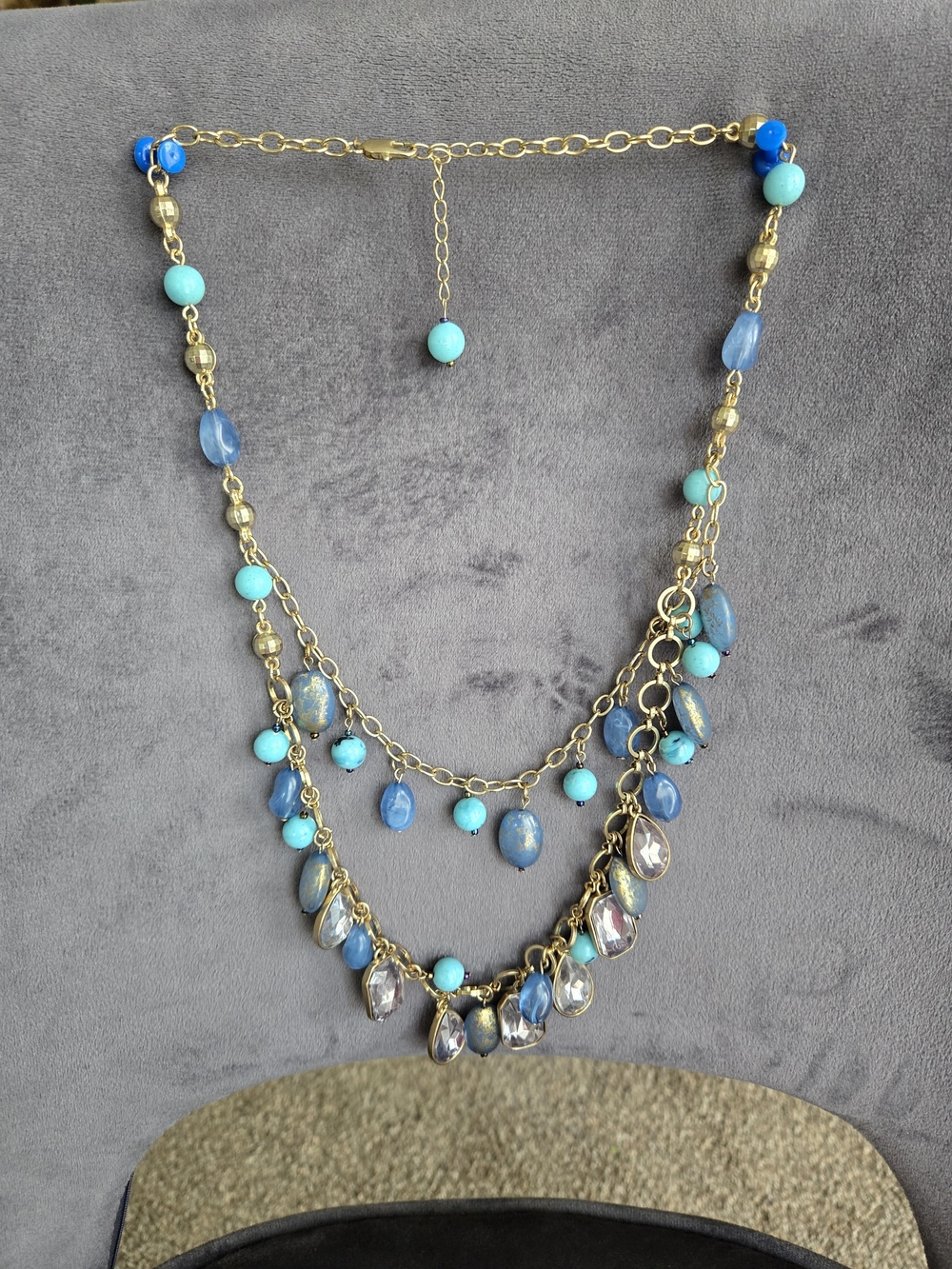 Vtg Multi Layered Gold Chain Necklace Blue Turquoise Faux Gem Charm Drop Cluster